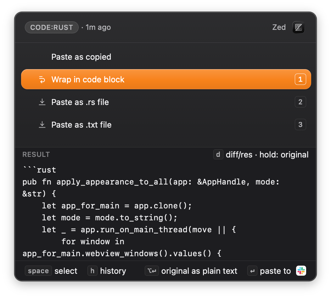 The Smart Paste popup over Rust code copied from Zed, offering Wrap in code block, with the result showing the code inside a fenced rust block and Slack as the paste target.