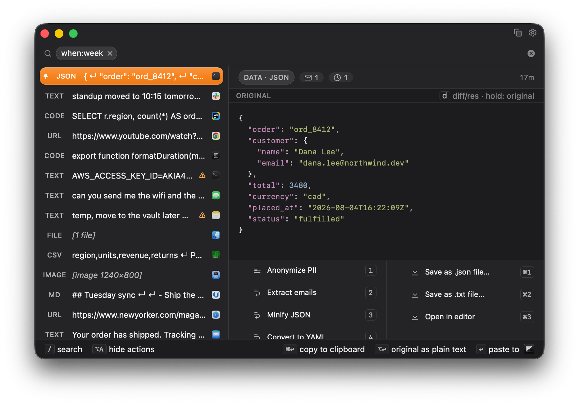 The Zmina History window with a when:week filter pill in the search field, a list of past clipboard items on the left labeled JSON, TEXT, CODE, URL, FILE, CSV, IMAGE and MD with the app each was copied from, and the selected JSON order payload on the right with syntax-highlighted content and an action panel.